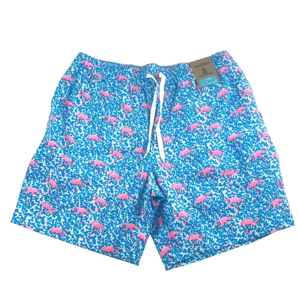 Chubbies Mens XL Blue Pink Flamingo 7 Inch Inseam 2-in-1 Liner Swim Trunks NEW